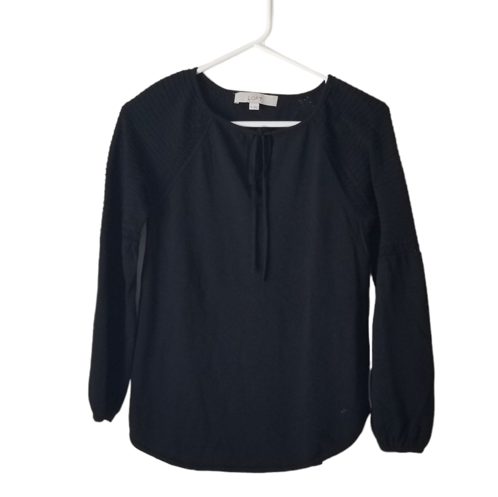 LOFT Black Sweater with Tie at Neck and Ribbed Detail Size XS